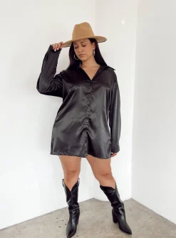 Princess Polly 90210 Satin Shirt Mini Dresscurve   Black Flash Sale
