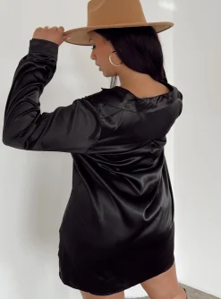 Princess Polly 90210 Satin Shirt Mini Dresscurve   Black Flash Sale