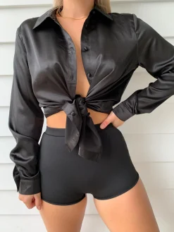 Princess Polly 90210 Satin Shirt Mini Dresseco   Black Best