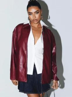 Princess Polly Activa Faux Leather Jacket  Burgundy Cheap