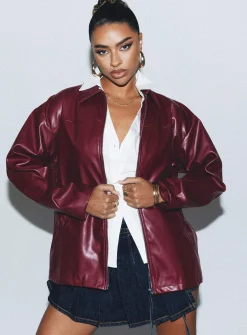Princess Polly Activa Faux Leather Jacket  Burgundy Cheap