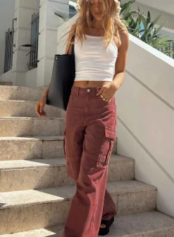 Princess Polly Addy Wide Leg Cargo Jeans  Burgundy Outlet