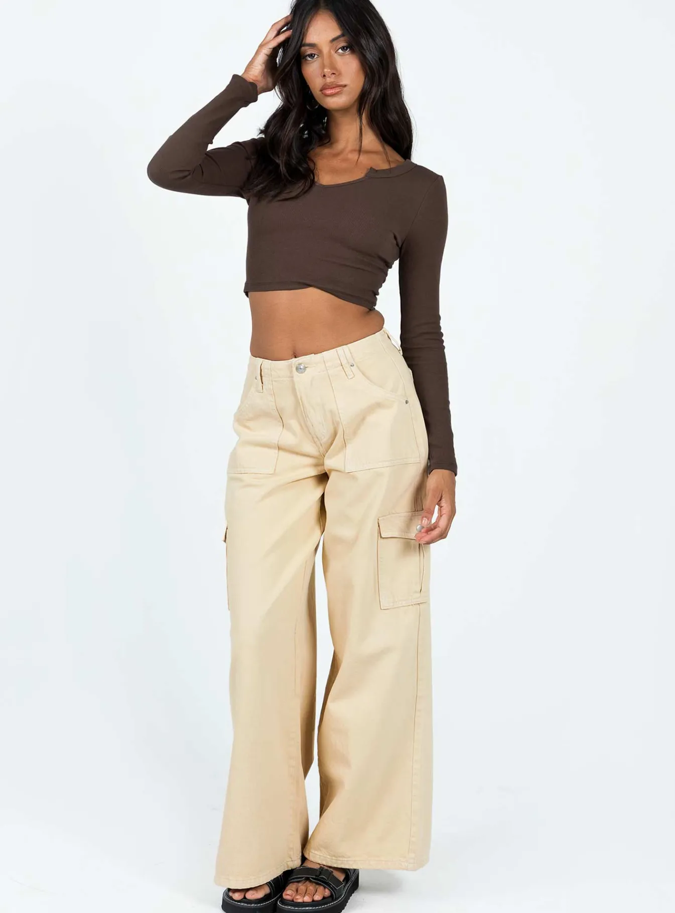 Princess Polly Adrianne Wide Leg Cargo Jeans Stone Beige Cheap