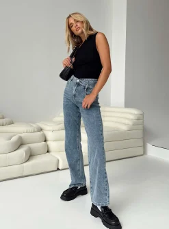 Princess Polly Alford Asymmetric Jeans Light Wash  Denim Cheap