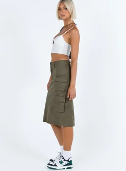 Princess Polly Alida Cargo Midi Skirt  Olive Green Outlet