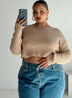 Princess Polly Alivia Cropped Sweatercurve   Beige Fashion