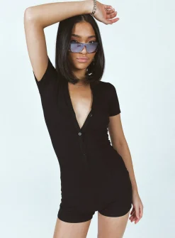 Princess Polly Angel Short Sleeve Romper  Black Flash Sale