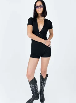 Princess Polly Angel Short Sleeve Romper  Black Flash Sale