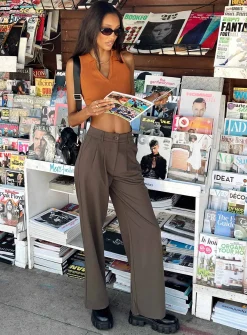 Princess Polly Archer Pants  Dark Brown Sale