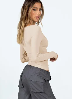 Princess Polly Arthie Long Sleeve Toplow Impact   Beige Clearance