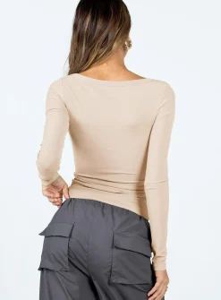 Princess Polly Arthie Long Sleeve Toplow Impact   Beige Clearance