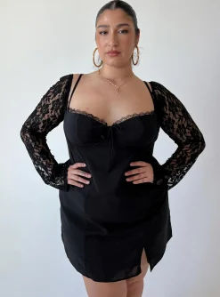 Princess Polly Ashwood Lace Sleeve Mini Dresscurve   Black Hot