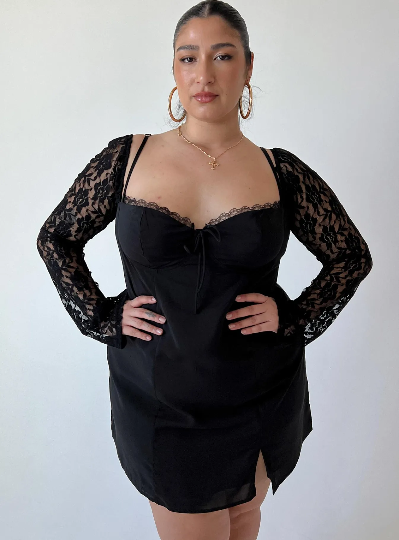 Princess Polly Ashwood Lace Sleeve Mini Dresscurve Black Hot