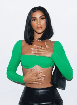 Princess Polly Becca Long Sleeve Crop Top  Green Clearance