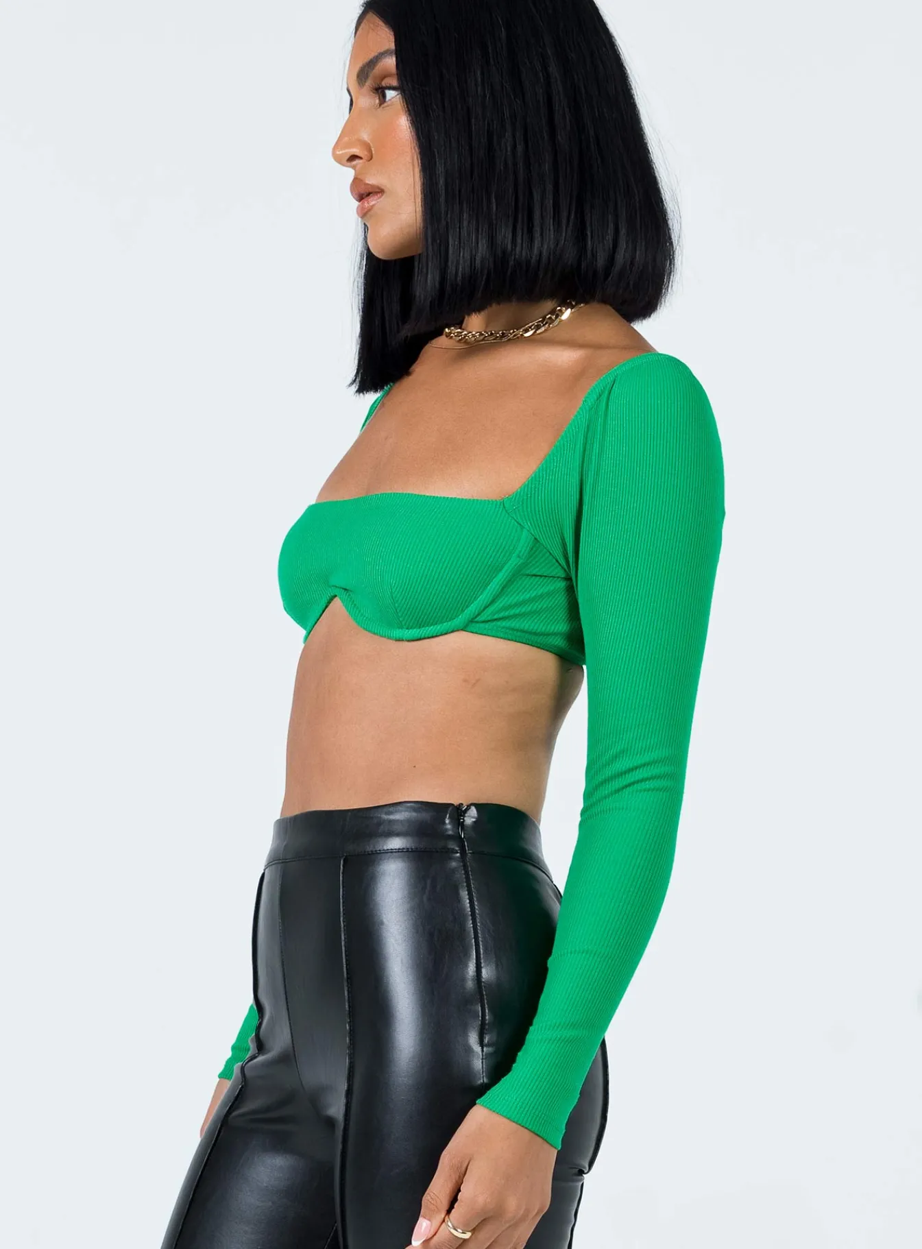 Princess Polly Becca Long Sleeve Crop Top Green Clearance