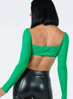 Princess Polly Becca Long Sleeve Crop Top Green Clearance