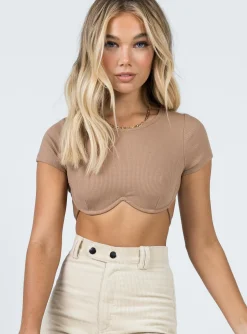 Princess Polly Becca Short Sleeve Crop Top  Beige Cheap