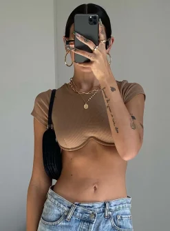 Princess Polly Becca Short Sleeve Crop Top  Beige Cheap