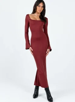 Princess Polly Belfa Long Sleeve Maxi Dress  Burgundy Best Sale