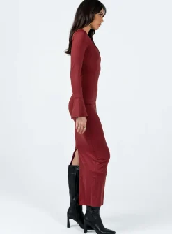 Princess Polly Belfa Long Sleeve Maxi Dress  Burgundy Best Sale