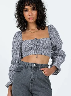 Princess Polly Bellevue Gingham Top  Black / White Sale