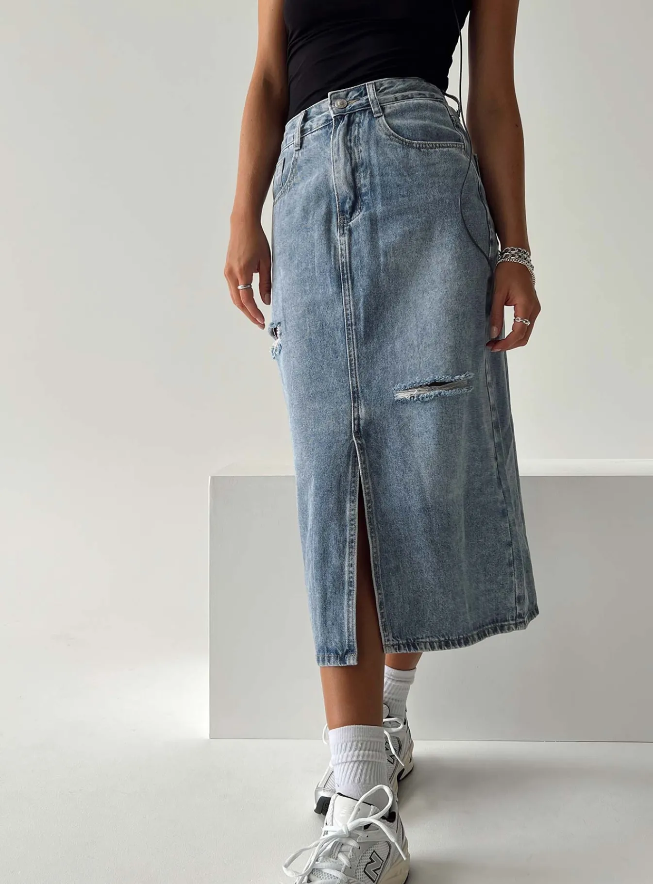 Princess Polly Belsie Midi Skirt Light Wash Denim Discount
