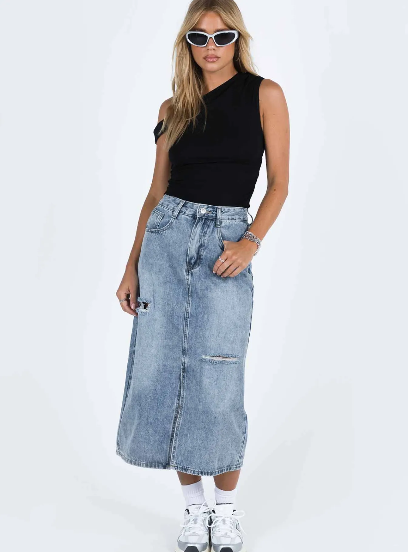 Princess Polly Belsie Midi Skirt Light Wash Denim Discount
