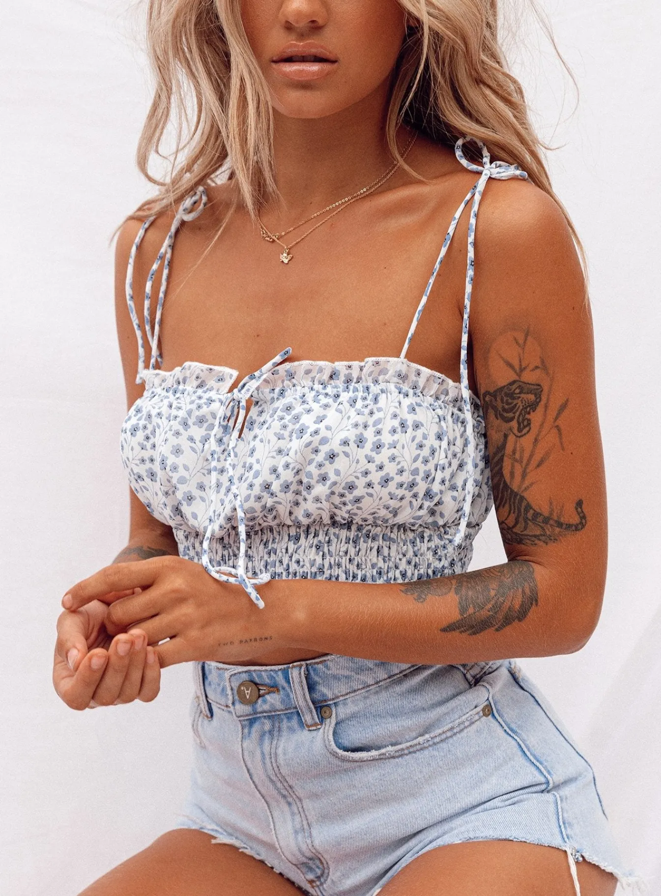 Princess Polly Benita Top White/Blue Best Sale