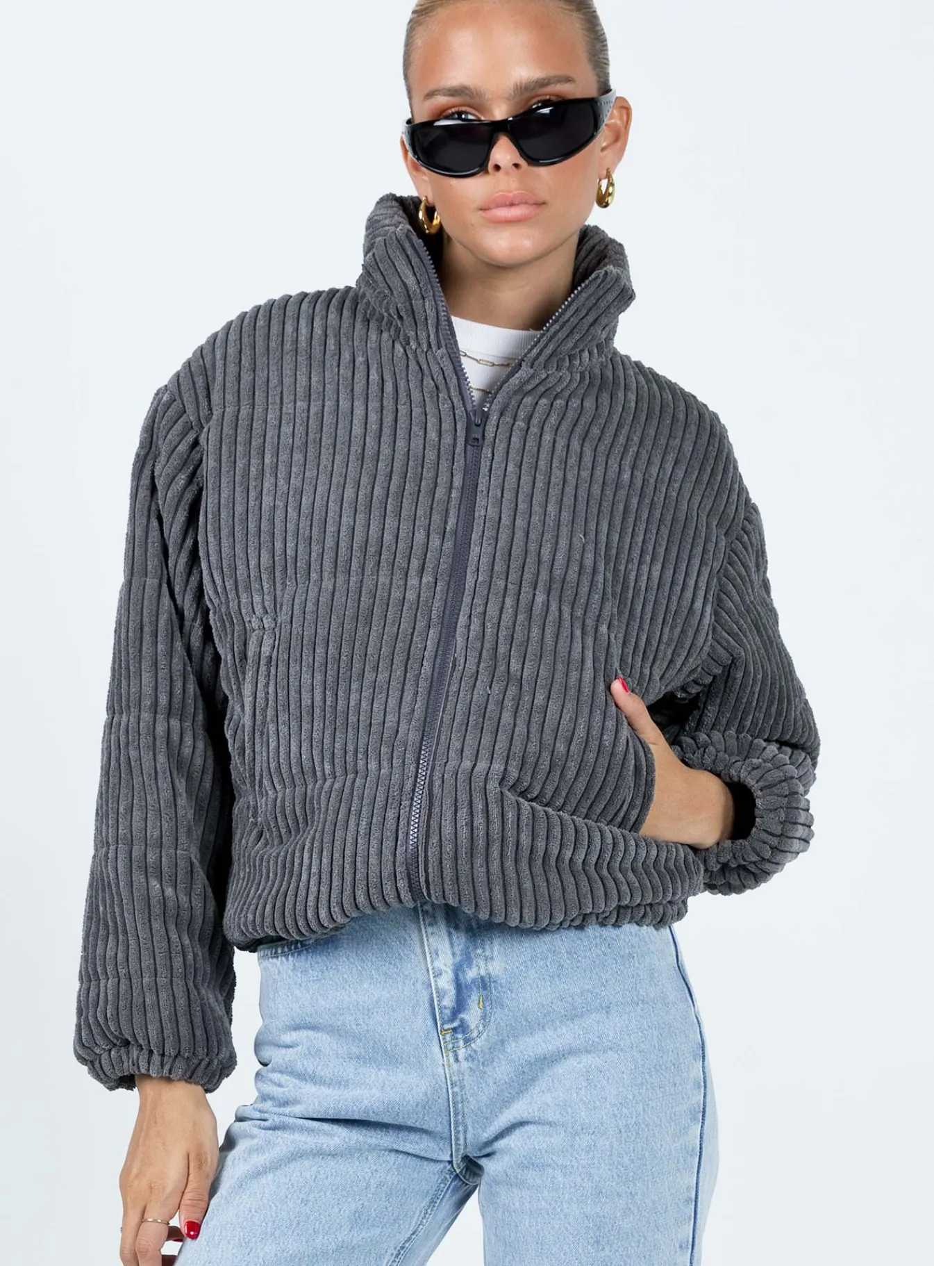 Princess Polly Benli Cord Puffer Jacket  Slate Fashion