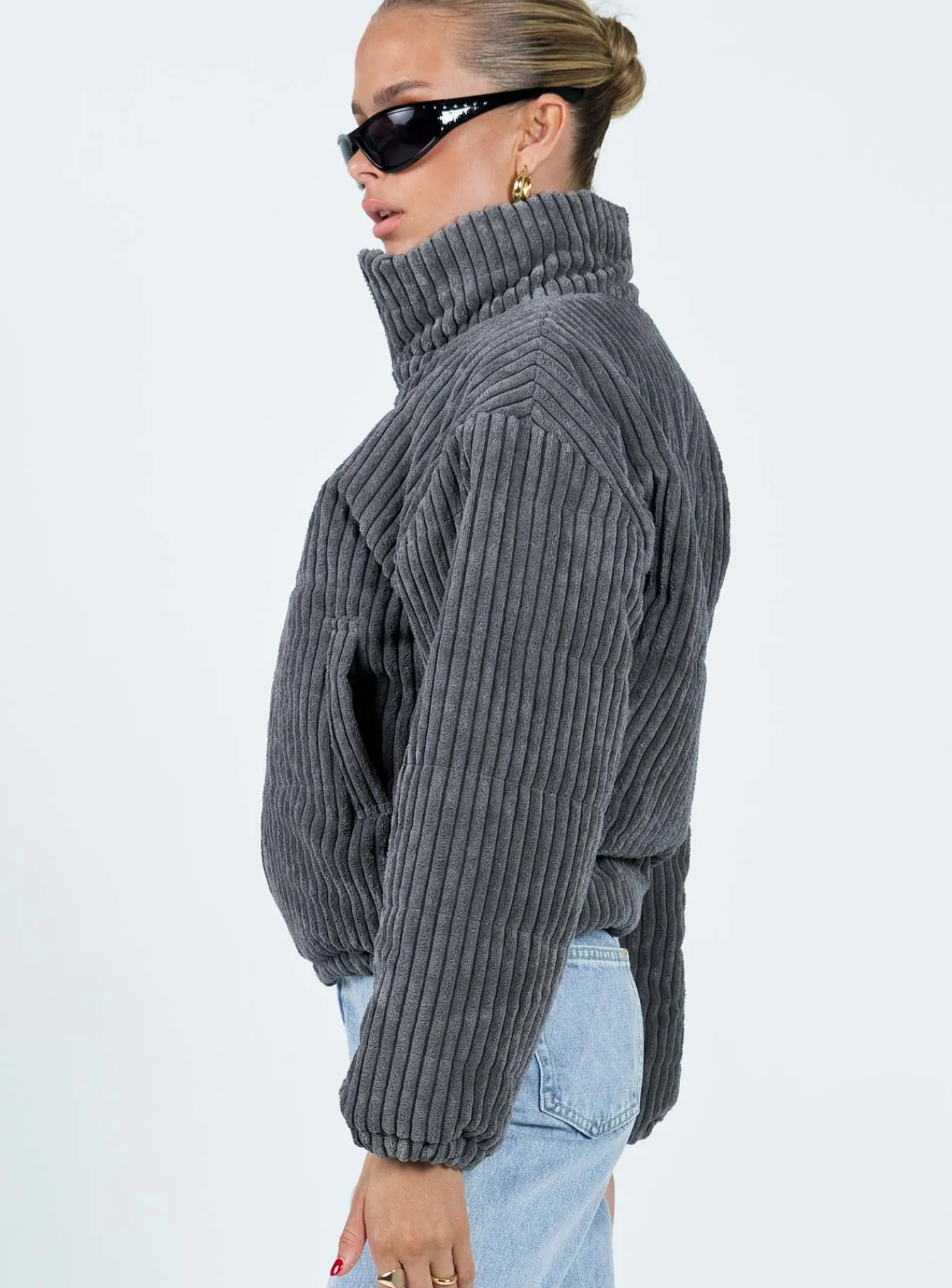 Princess Polly Benli Cord Puffer Jacket  Slate Fashion