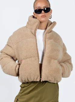 Princess Polly Bennie Teddy Puffer Jacket  Beige Cheap