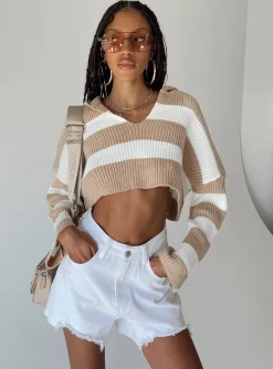 Princess Polly Benson Cropped Sweater Beige/White Online