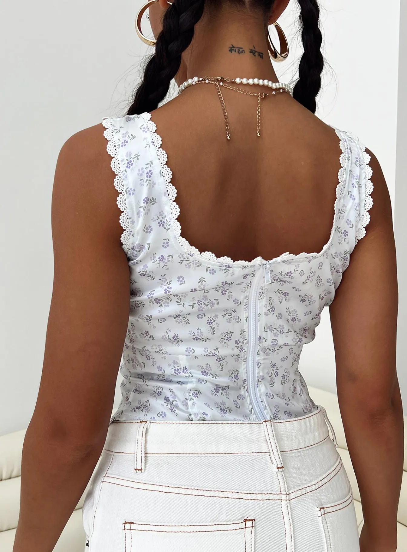 Princess Polly Berlin Satin Top/ Purple Floral White Clearance