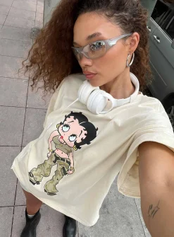Princess Polly Betty Boop Camo Girl Oversized Tee  Beige New