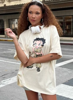 Princess Polly Betty Boop Camo Girl Oversized Tee  Beige New