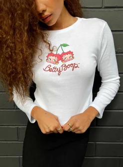 Princess Polly Betty Boop Cherry Girl Long Sleeve Top  White Clearance