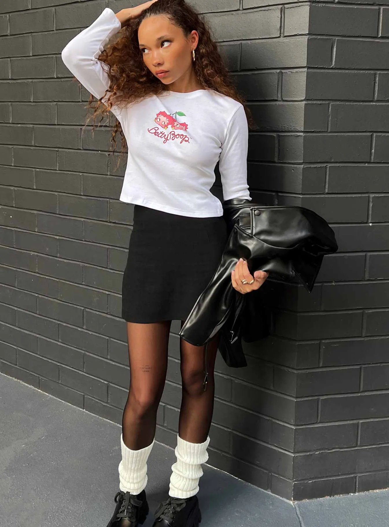 Princess Polly Betty Boop Cherry Girl Long Sleeve Top White Clearance
