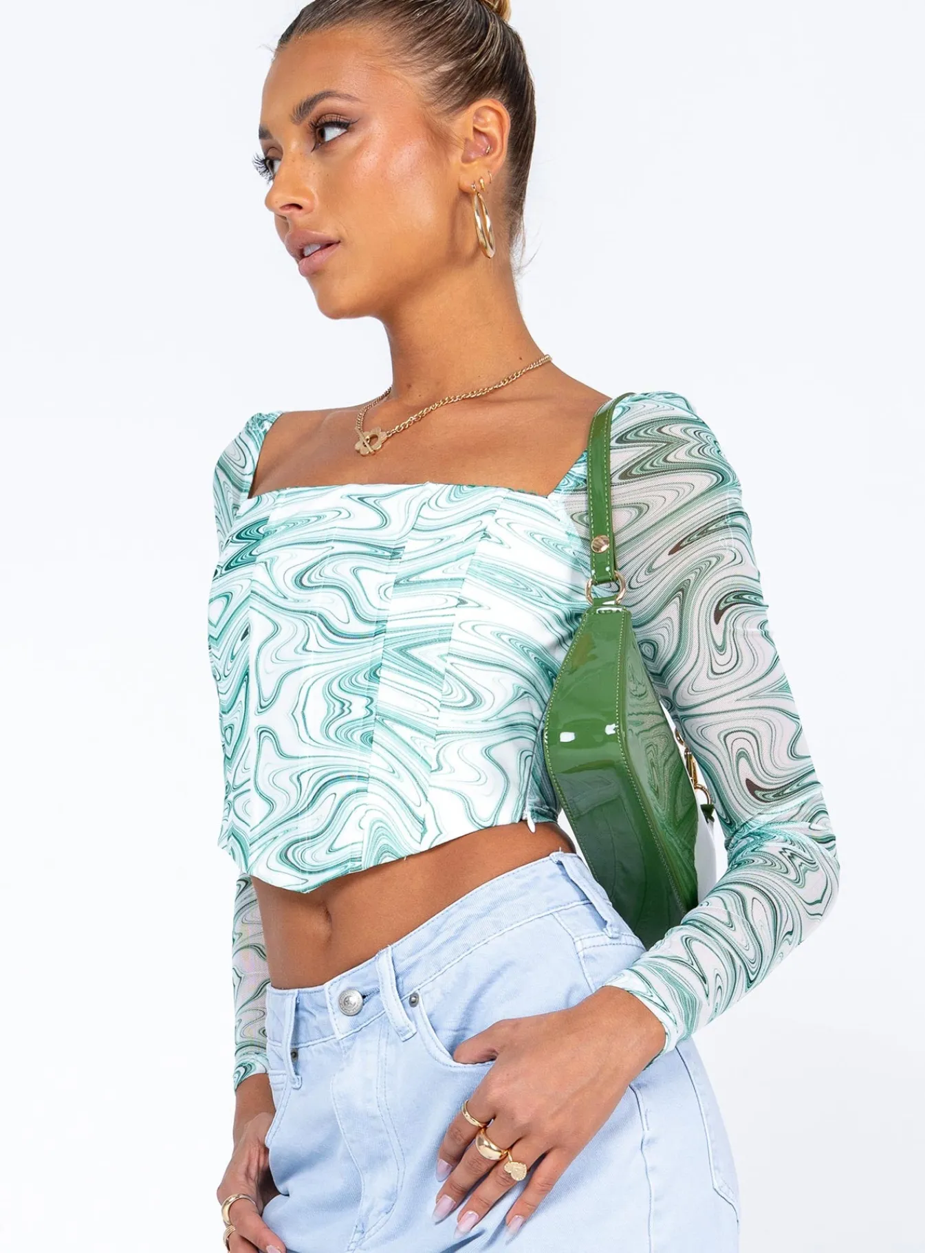 Princess Polly Beverly Long Sleeve Top/ White Green Flash Sale