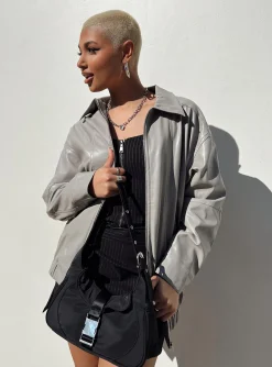 Princess Polly Braelynn Faux Leather Bomber Jacket  Grey Clearance
