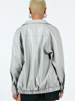 Princess Polly Braelynn Faux Leather Bomber Jacket  Grey Clearance