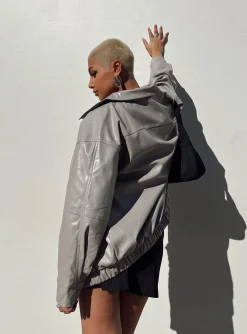 Princess Polly Braelynn Faux Leather Bomber Jacket  Grey Clearance