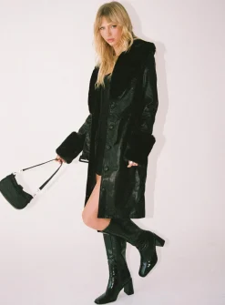 Princess Polly Brooklyn Faux Leather Long Coat  Black Clearance