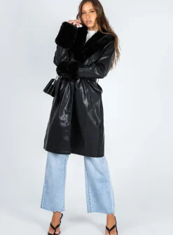 Princess Polly Brooklyn Faux Leather Long Coat  Black Clearance