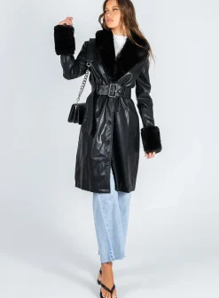 Princess Polly Brooklyn Faux Leather Long Coat  Black Clearance