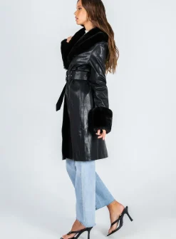 Princess Polly Brooklyn Faux Leather Long Coat  Black Clearance