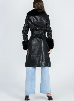 Princess Polly Brooklyn Faux Leather Long Coat  Black Clearance