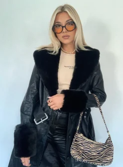 Princess Polly Brooklyn Faux Leather Long Coat  Black Clearance