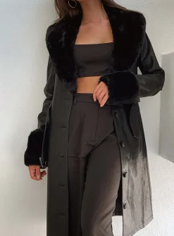 Princess Polly Brooklyn Faux Leather Long Coat  Black Clearance