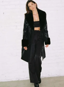 Princess Polly Brooklyn Faux Leather Long Coat  Black Clearance