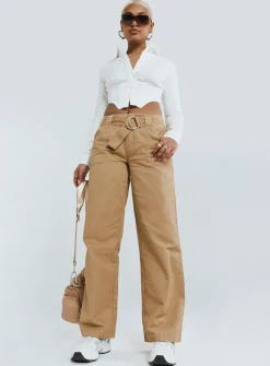 Princess Polly Burdem Low Waist Pants Camel   Brown Cheap